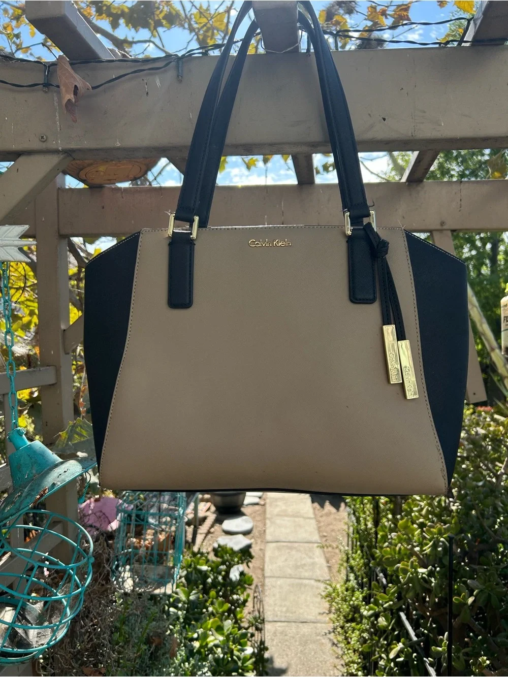 Calvin Klein Taupe and Black Satchel with Gold Hardware